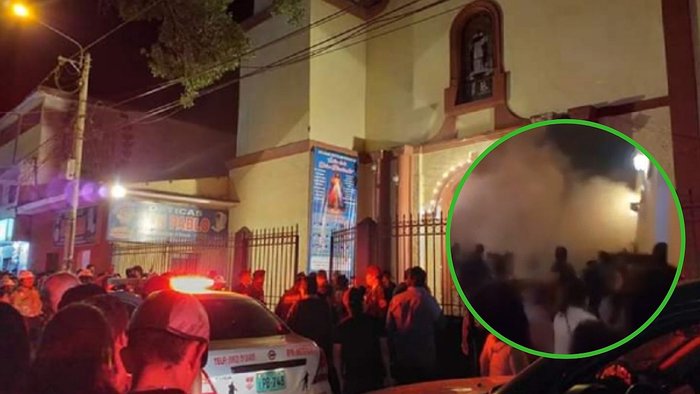 Se desploma techo de iglesia y deja al menos nueve herido Personas a las afueras de una iglesia donde el techo colapsa