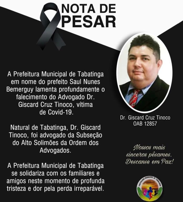Prefeitura lamenta falecimento e advogado Giscard Cruz Tinoco image for Prefeitura lamenta falecimento e advogado Giscard Cruz Tinoco