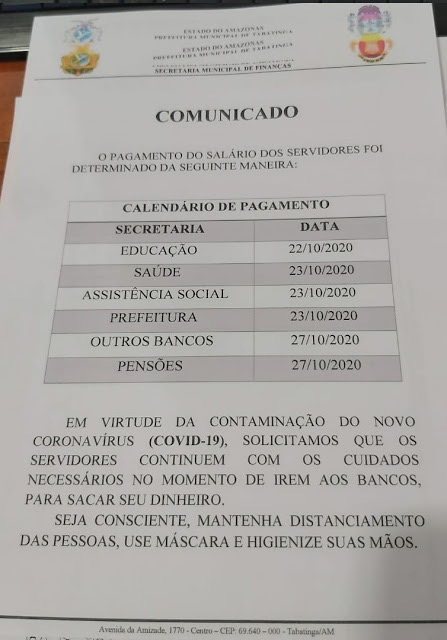image for Pagamento da Prefeitura de Tabatinga sai a partir de quinta-feira 22/10