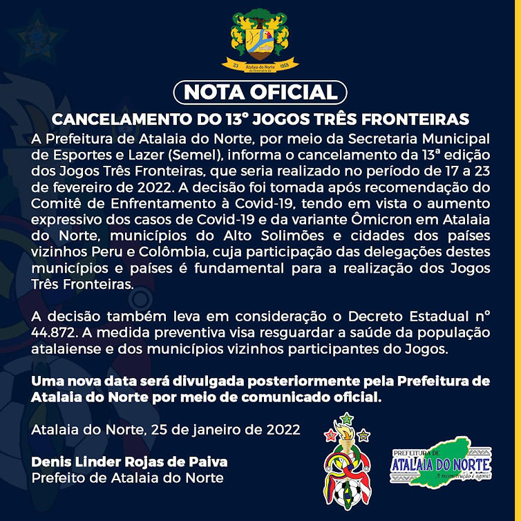 Prefeitura de Atalaia do Norte cancela os Jogos Três Fronteiras 2022 image for Prefeitura de Atalaia do Norte cancela os Jogos Três Fronteiras 2022