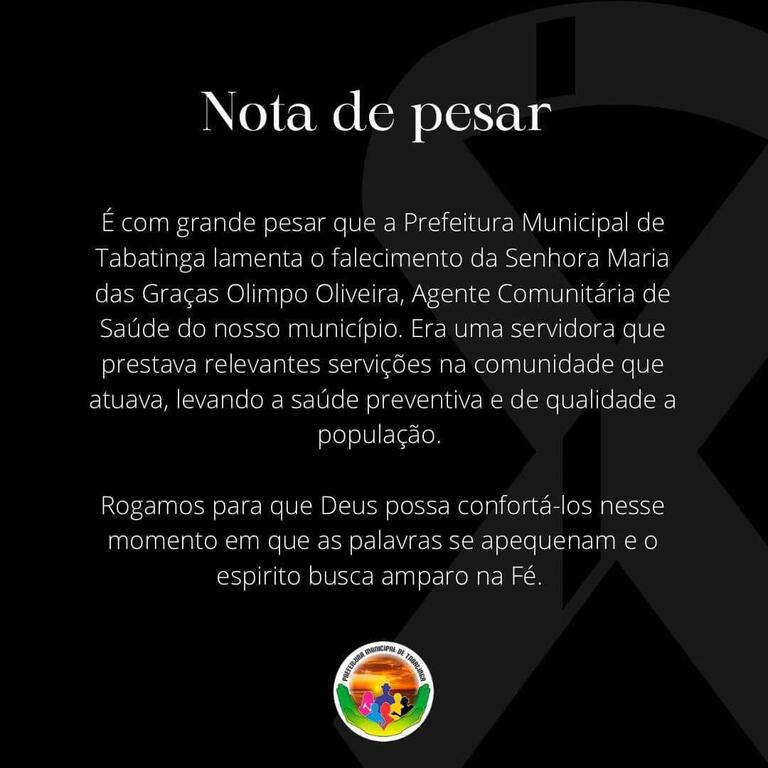 Prefeitura lamenta o falecimento da Senhora Maria das Graças Olimpo Oliveira image for Prefeitura lamenta o falecimento da Senhora Maria das Graças Olimpo Oliveira