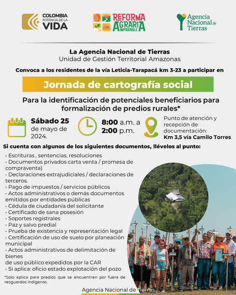 Este 25 de mayo la Agencia Nacional de Tierras llevará a cabo en el km 3,5 Jornada de cartografía social y caracterización de usuarios