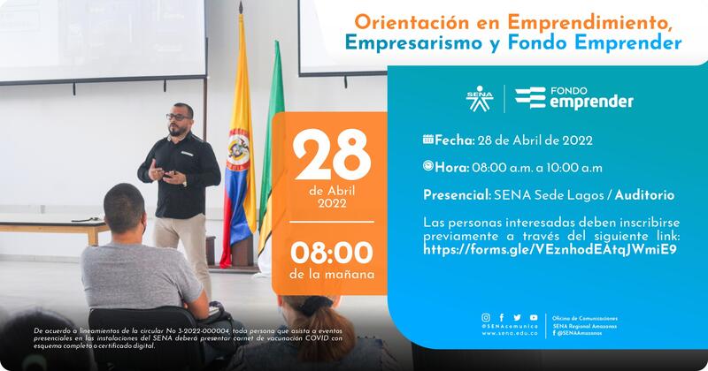¡Con el SENA tienes la oportunidad de asesorarte con expertos para desarrollar tu idea de negocio! Participa este 28 de abril en una Orientación en Emprendimiento, Empresarismo y Fondo Emprender ¡Con el SENA tienes la oportunidad de asesorarte con expertos para desarrollar tu idea de negocio! Participa este 28 de abril en una Orientación en Emprendimiento, Empresarismo y Fondo Emprender