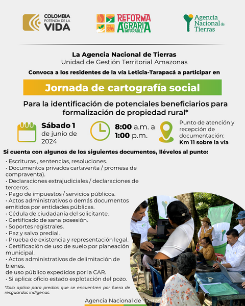 HOY 1 de junio: Jornada de cartografía social y caracterización de potenciales usuarios para formalización de propiedad rural 