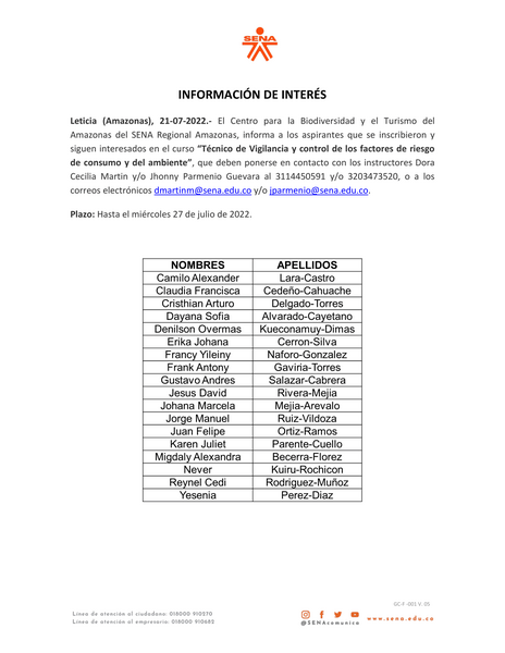 #AVISO INFORMACIÓN DE INTERÉS - Técnico de Vigilancia y control de los factores de riesgo de consumo y del ambiente #AVISO INFORMACIÓN DE INTERÉS - Técnico de Vigilancia y control de los factores de riesgo de consumo y del ambiente