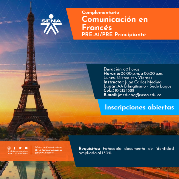 Aprende un nuevo idioma con el SENA! 🗣🤩 Inscripciones abiertas para el complementario Comunicación en Francés PRE-A1 (Pre Principiante) del SENA Regional Amazonas 🇫🇷 😎 Aprende un nuevo idioma con el SENA! 🗣🤩 Inscripciones abiertas para el complementario Comunicación en Francés PRE-A1 (Pre Principiante) del SENA Regional Amazonas 🇫🇷 😎