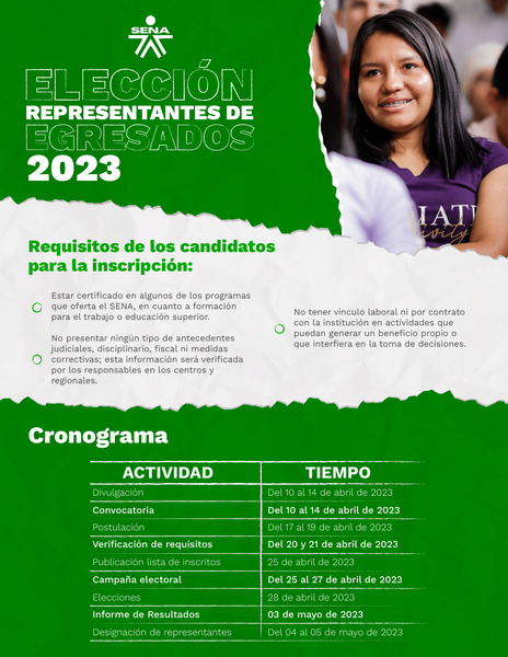 #EgresadoSENA ¡Conoce el cronograma para el proceso de Elección Representantes de Egresados 2023 y los requisitos para postularte! 