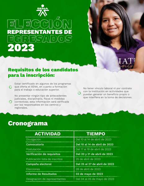 #EgresadoSENA ¡Conoce el cronograma para el proceso de Elección Representantes de Egresados 2023 y los requisitos para postularte! #EgresadoSENA ¡Conoce el cronograma para el proceso de Elección Representantes de Egresados 2023 y los requisitos para postularte!