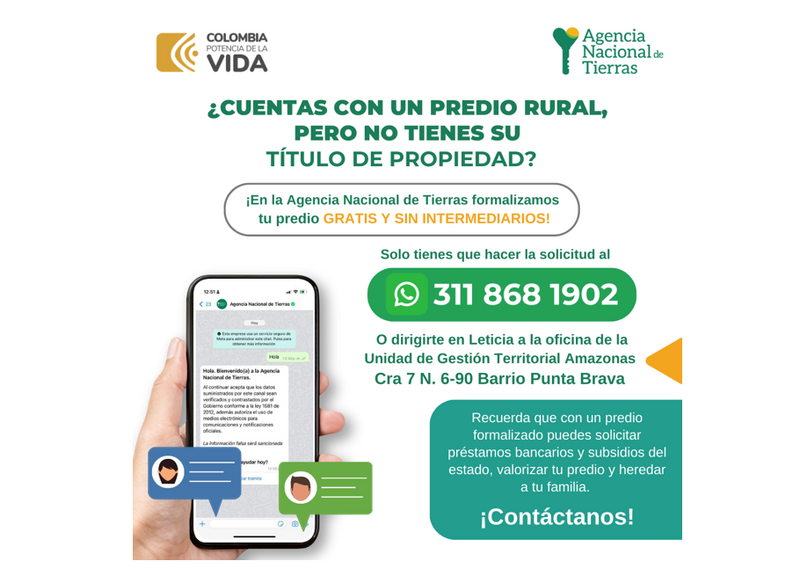 ¿Cuentas con un predio rural, pero no tienes su título de propiedad? Solicita la formalización gratis y sin intermediarios en la Agencia Nacional de Tierras 