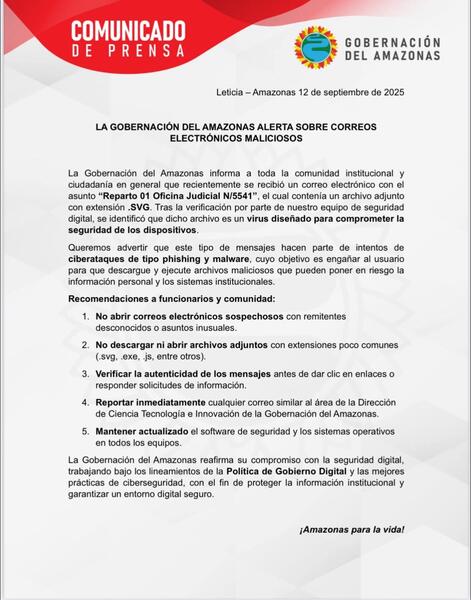 Gobernación del Amazonas alerta sobre correos electrónicos maliciosos