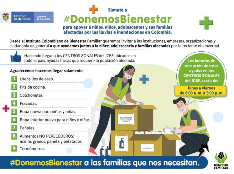 #DonemosBienestar en los centros zonales del ICBF. ¡Trabajemos unidos para ayudar a los damnificados! 