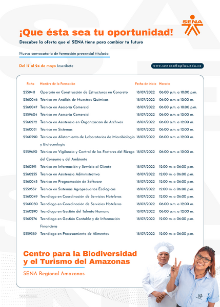 Todavía puedes inscribirte a una formación Técnica, Tecnológica u Operaria en la III Convocatoria de formación presencial titulada del SENA Amazonas Todavía puedes inscribirte a una formación Técnica, Tecnológica u Operaria en la III Convocatoria de formación presencial titulada del SENA Amazonas