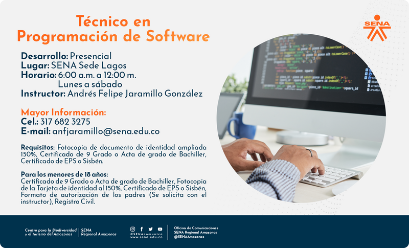 🤓😎 Aprende todo lo relacionado con el análisis, la creación y la aplicación de softwares 👨💻👩💻 con la formación Técnico en Programación de Software que el Centro para la Biodiversidad y el Turismo del SENA. 🤩 🤓😎 Aprende todo lo relacionado con el análisis, la creación y la aplicación de softwares 👨💻👩💻 con la formación Técnico en Programación de Software que el Centro para la Biodiversidad y el Turismo del SENA. 🤩
