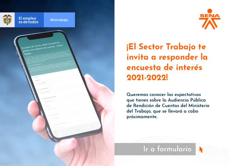 ¡Tu opinión es importante! 👥Te invitamos a diligenciar la encuesta de interés para el ejercicio de diálogo de rendición de cuentas del sector trabajo. 🇨🇴🗓️Ingresa hasta el 8 de julio aquí👉   https://forms.office.com/r/MPpKqPahwH 