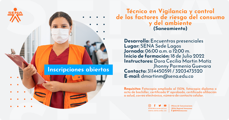 #EstudiaEnElSENA Inscríbete en el Técnico en Vigilancia y control de los factores de riesgo del consumo y del ambiente