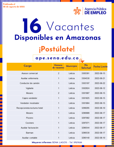 ¡Conoce las 1⃣6⃣ vacantes disponibles en la Agencia Pública de Empleo del SENA Regional #Amazonas! 👩‍🔬👨‍💼🤝 