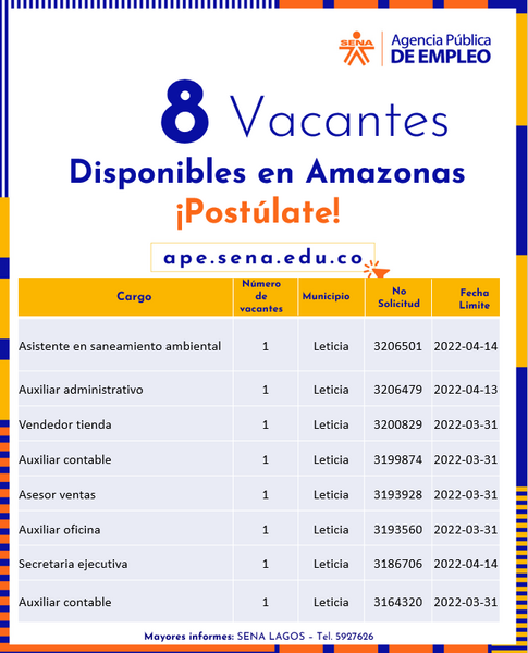 #EmpleoSiHay  La Agencia Pública de Empleo del SENA Regional #Amazonas dispone de 8 vacantes laborales✅