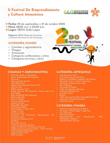 🔝 Esta es la programación del II Festival de Emprendimiento y Cultura Amazónica 🐒🧡💃🏽🕺🏽 del SENA Regional #Amazonas y la Cámara de Comercio del Amazonas 😎👌🏽🆒  ⏳No te lo puedes perder!!! 🥳