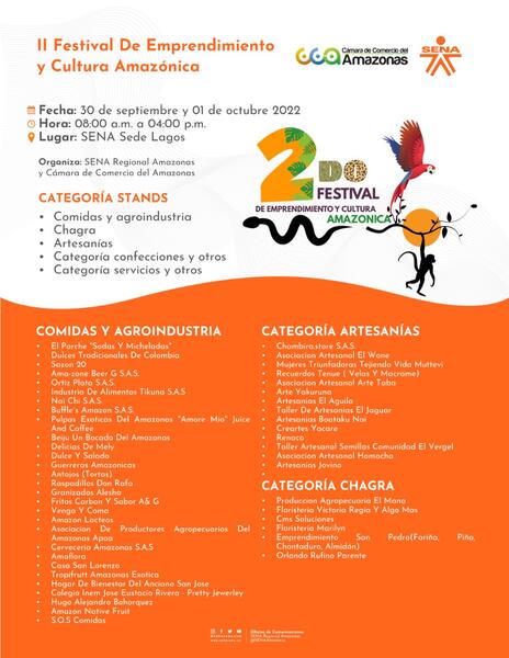 🔝 Esta es la programación del II Festival de Emprendimiento y Cultura Amazónica 🐒🧡💃🏽🕺🏽 del SENA Regional #Amazonas y la Cámara de Comercio del Amazonas 😎👌🏽🆒 ⏳No te lo puedes perder!!! 🥳 🔝 Esta es la programación del II Festival de Emprendimiento y Cultura Amazónica 🐒🧡💃🏽🕺🏽 del SENA Regional #Amazonas y la Cámara de Comercio del Amazonas 😎👌🏽🆒 ⏳No te lo puedes perder!!! 🥳