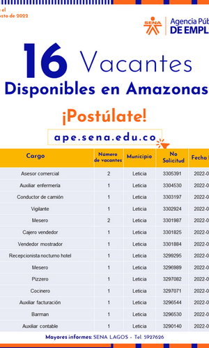 ¡Conoce las 1⃣6⃣ vacantes disponibles en la Agencia Pública de Empleo del SENA Regional #Amazonas! 👩‍🔬👨‍💼🤝 