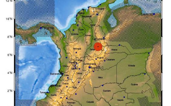 Mapa de Colombia indicando un sismo