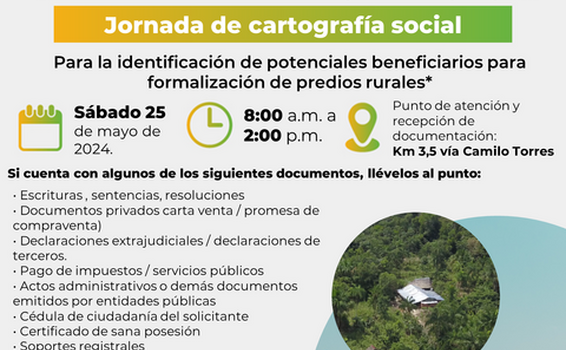 Este 25 de mayo la Agencia Nacional de Tierras llevará a cabo en el km 3,5 Jornada de cartografía social y caracterización de usuarios Este 25 de mayo la Agencia Nacional de Tierras llevará a cabo en el km 3,5 Jornada de cartografía social y caracterización de usuarios