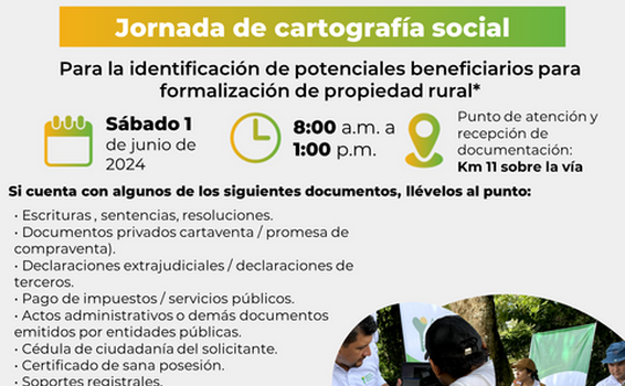 HOY 1 de junio: Jornada de cartografía social y caracterización de potenciales usuarios para formalización de propiedad rural HOY 1 de junio: Jornada de cartografía social y caracterización de potenciales usuarios para formalización de propiedad rural