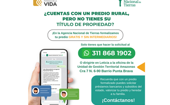¿Cuentas con un predio rural, pero no tienes su título de propiedad? Solicita la formalización gratis y sin intermediarios en la Agencia Nacional de Tierras ¿Cuentas con un predio rural, pero no tienes su título de propiedad? Solicita la formalización gratis y sin intermediarios en la Agencia Nacional de Tierras