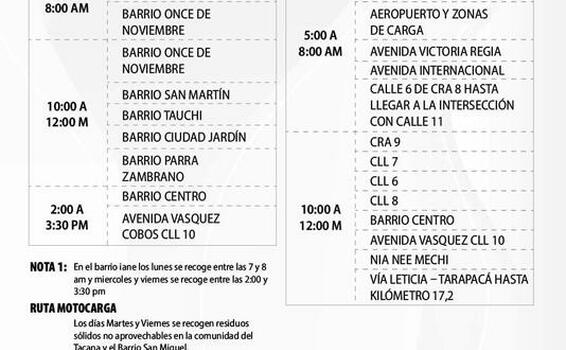 Horarios y rutas de recolección de basuras