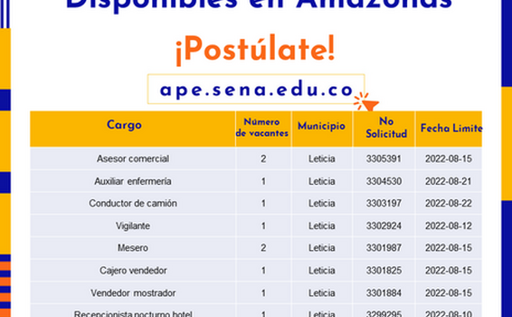 ¡Conoce las 1⃣6⃣ vacantes disponibles en la Agencia Pública de Empleo del SENA Regional #Amazonas! 👩‍🔬👨‍💼🤝 