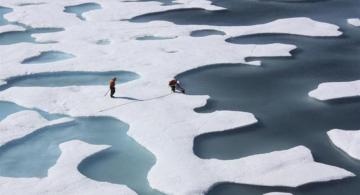 Persona en una placa de hielo derritiendose