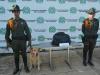 Dos policias al lado de una carga de marihuna en un mesa